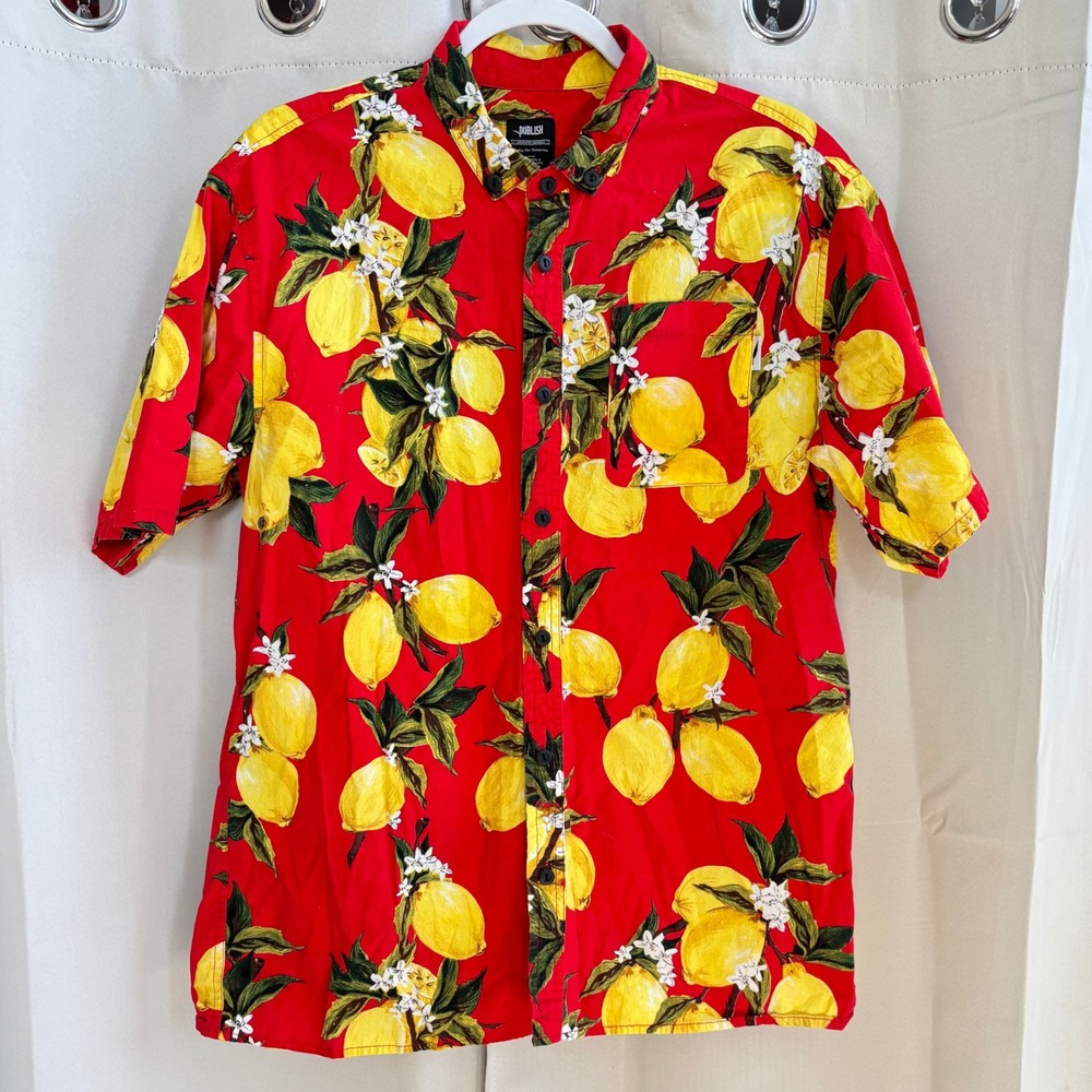 Revolve Publish Mens Shirt Lemon Print Button Up Aloha XL Citrus Beach 19678